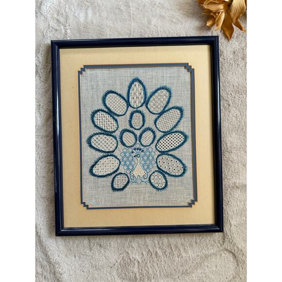 Peacock Embroidery Crewelwork Wool Yarn on Linen Matted and Framed No glass - Picture 1 of 5